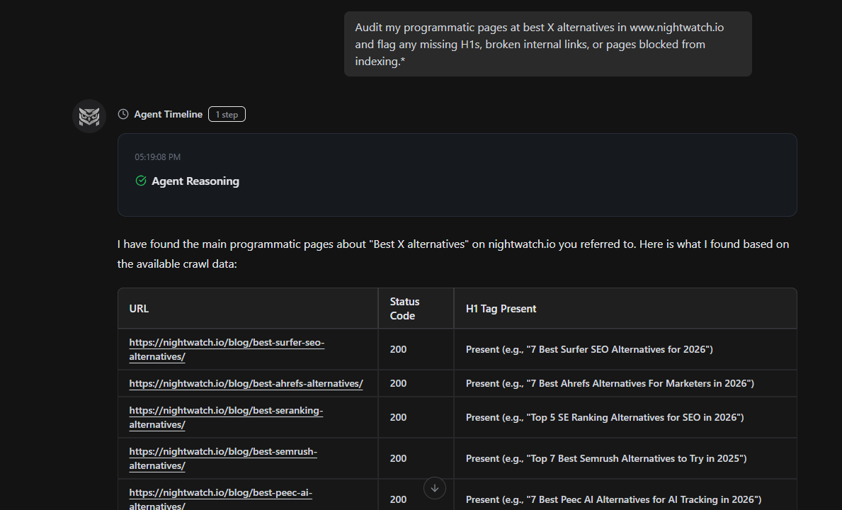 screenshot-of-nightowl-ai-agent-running-technical-seo-audit-for-programmatic-pages-showing-missing-h1-tags-broken-internal-links-and-indexing-issues